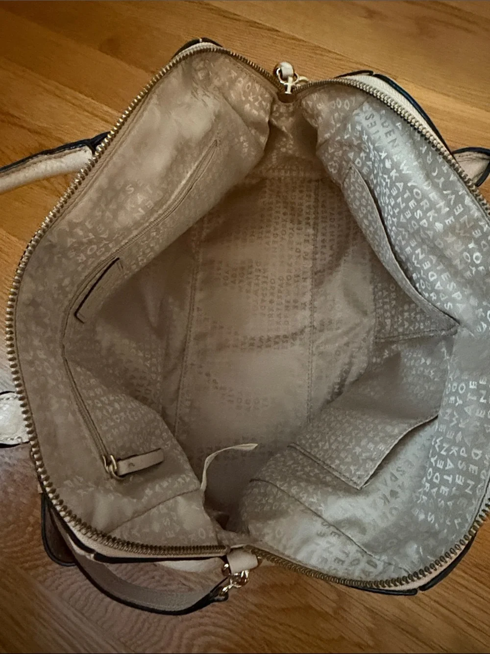 Kate Spade Beige Pebbled Leather Satchel with Crossbody Strap and Gold Hardware